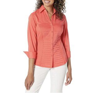 Zac & Rachel Vibrant Orange 3/4 Cuff Sleeve Button Down Blouse Ribbed Size XL